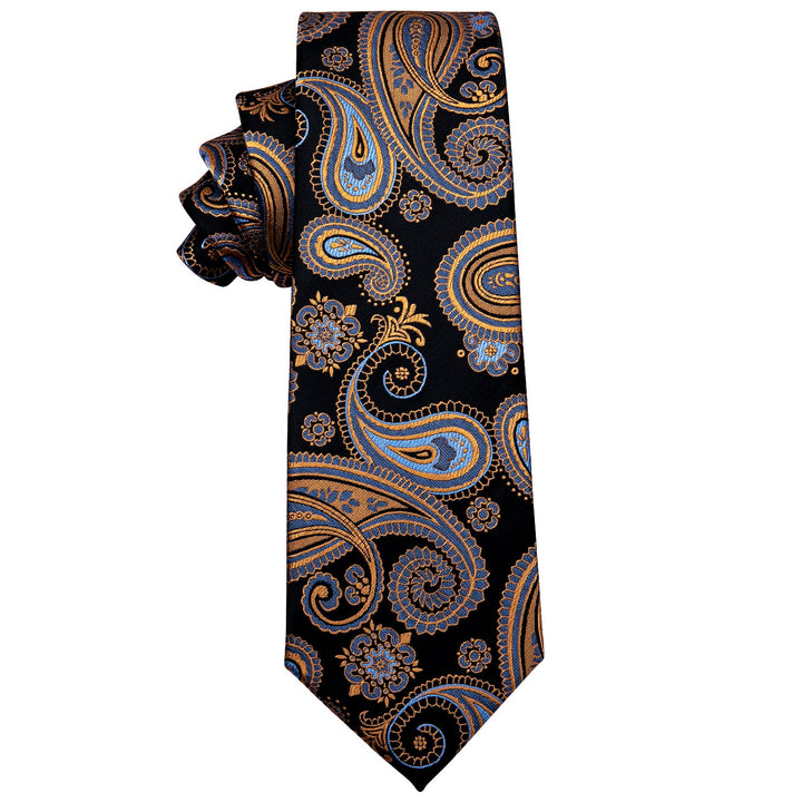 Mens Luxury Black Wedding Tie Golden Paisley Silk Necktie