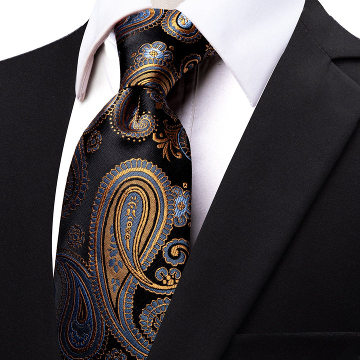 Mens Luxury Black Wedding Tie Golden Paisley Silk Necktie