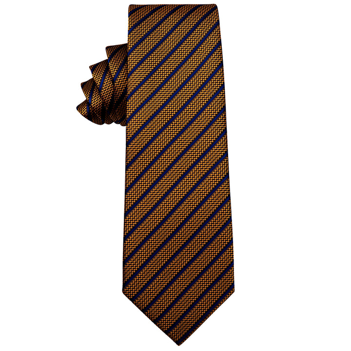  Brown Blue Striped Silk Necktie with Golden Tie Clip for Men