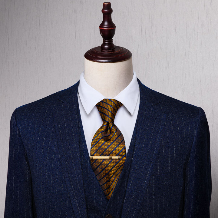  Brown Blue Striped Silk Necktie with Golden Tie Clip for Men