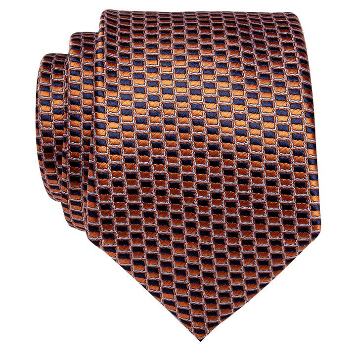 Luxury Orange Blue Plaid Silk Necktie with Golden Tie Clip