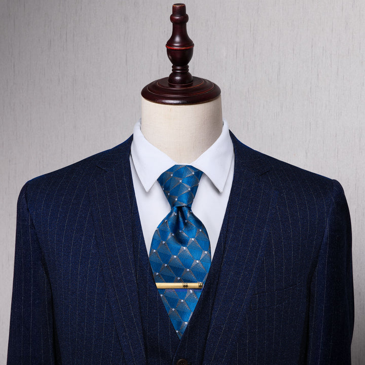 YourTies Blue Silver Geometry Novelty Silk Necktie with Golden Tie Clip