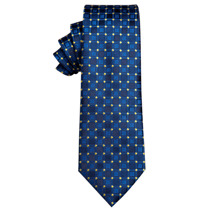 YourTies Navy Blue Plaid Silk Necktie with Golden Tie Clip