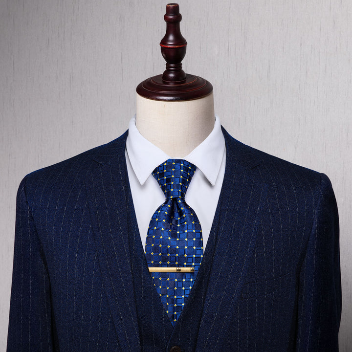 YourTies Navy Blue Plaid Silk Necktie with Golden Tie Clip