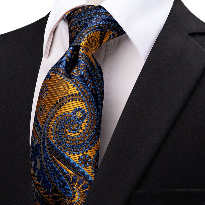 YourTies Blue Tie Luxury Golden Blue Paisley Silk Necktie