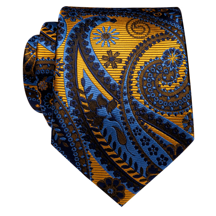 YourTies Luxury Golden Blue Paisley Silk Necktie with Golden Tie Clip