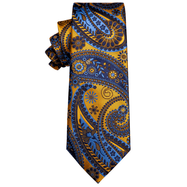 YourTies Luxury Golden Blue Paisley Silk Necktie with Golden Tie Clip