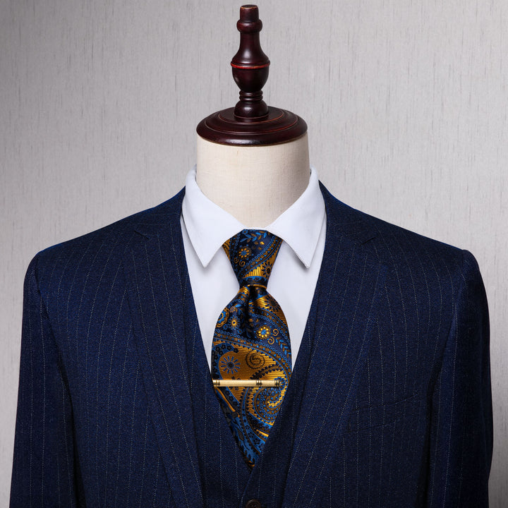 YourTies Luxury Golden Blue Paisley Silk Necktie with Golden Tie Clip