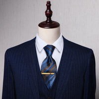 YourTies Navy Blue Irregular Striped Silk Necktie with Golden Tie Clip