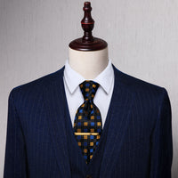 Cube Plaid Pre-tied Bowtie Necktie with Golden Tie Clip Set