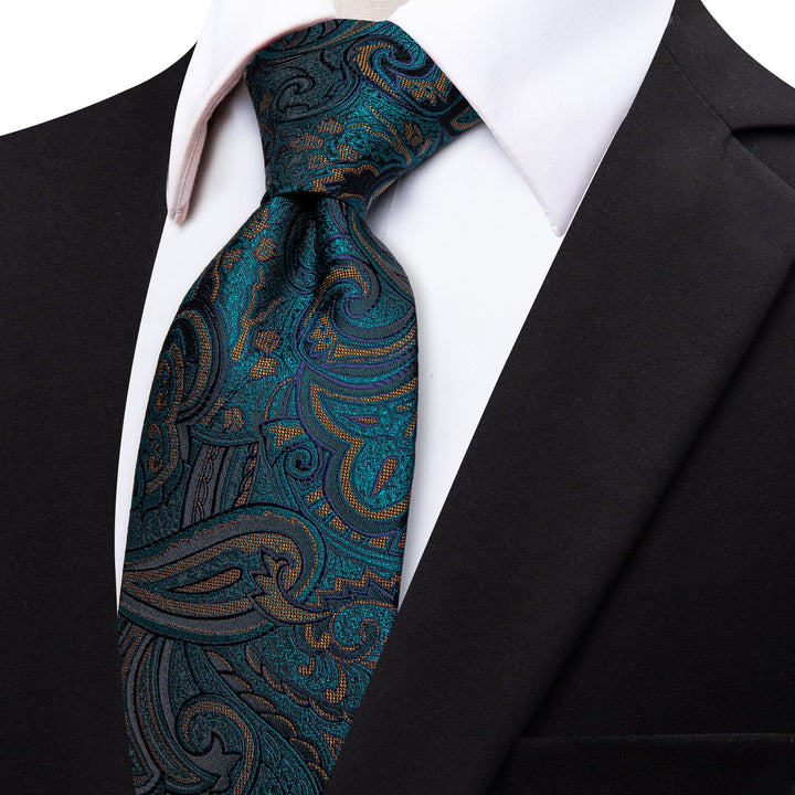  Teal Green Necktie Deep Green Jacquard Paisley Silk Necktie