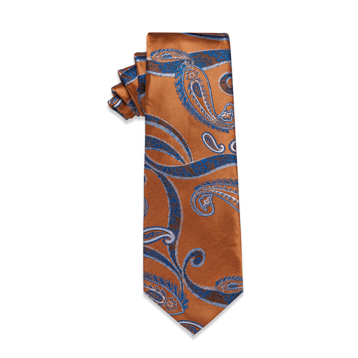  Orange Yellow Blue Paisley Silk Necktie with Golden Tie Clip