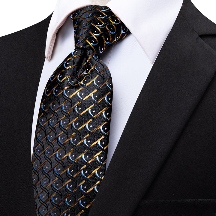 Men's Black Tie Black Yellow Novelty Silk Necktie