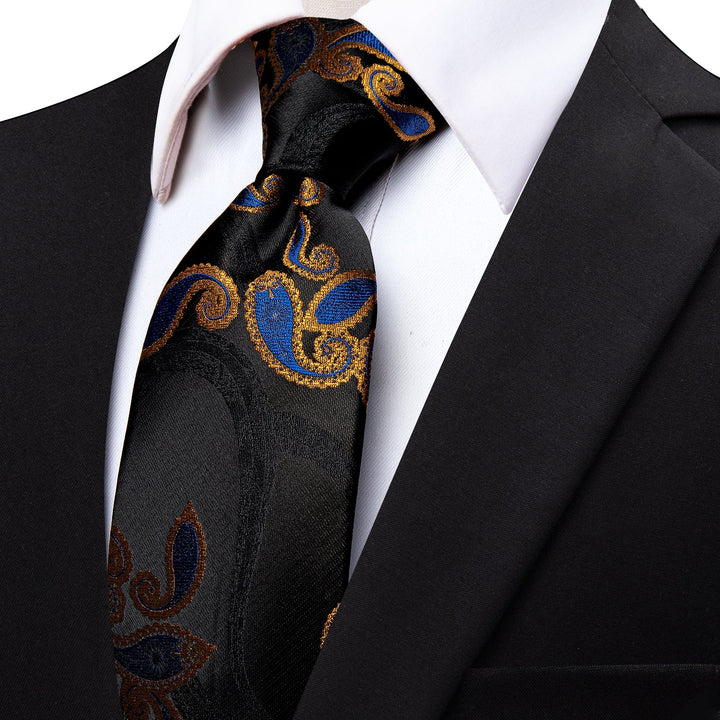 YourTies Black Tie Golden Blue Jacquard Floral Silk Necktie