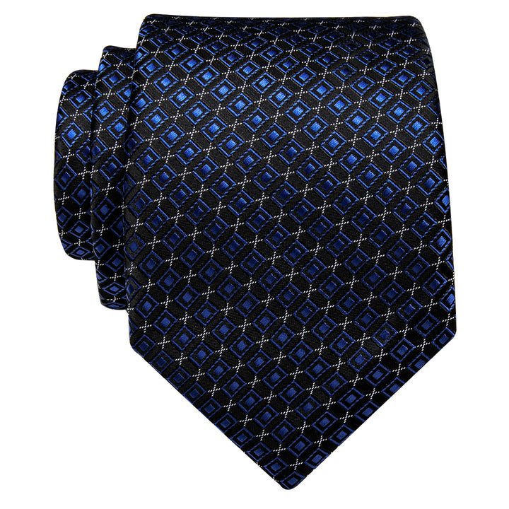 YourTies Business Blue Cube Plaid Silk Necktie with Golden Tie Clip