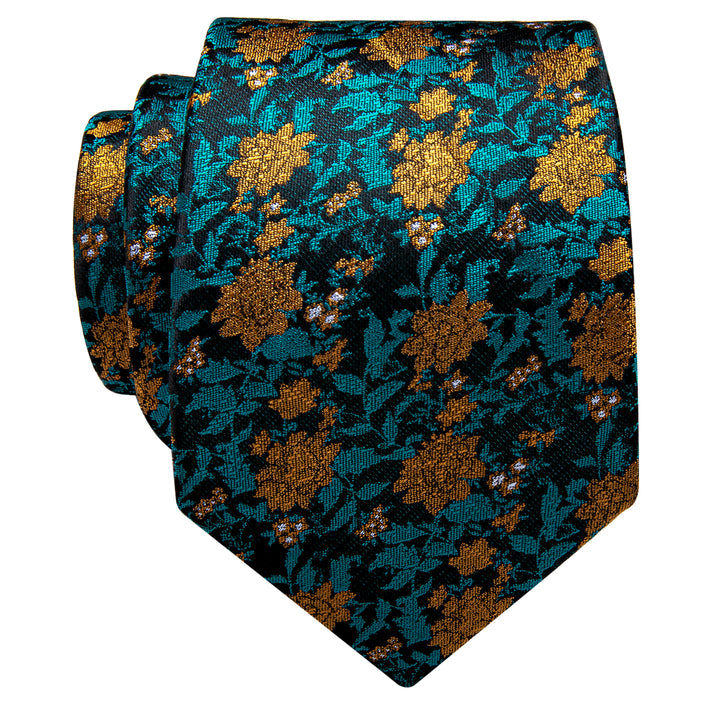 YourTies Peacock Blue Golden Floral Silk Necktie with Golden Tie Clip