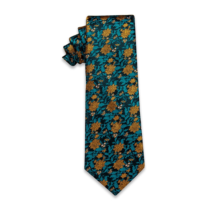 YourTies Peacock Blue Golden Floral Silk Necktie with Golden Tie Clip