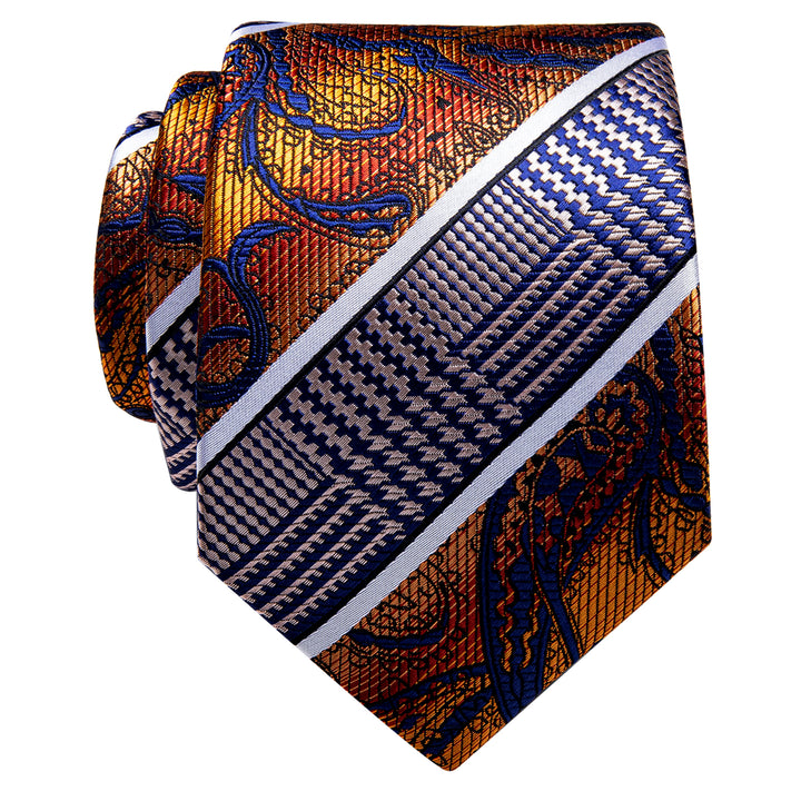 Orange Red Blue Splicing Novelty Silk Necktie Golden Tie Clip