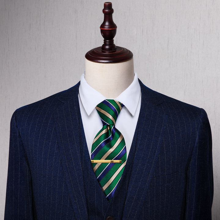 Green Champagne Blue Striped Silk Necktie and Golden Tie Clip