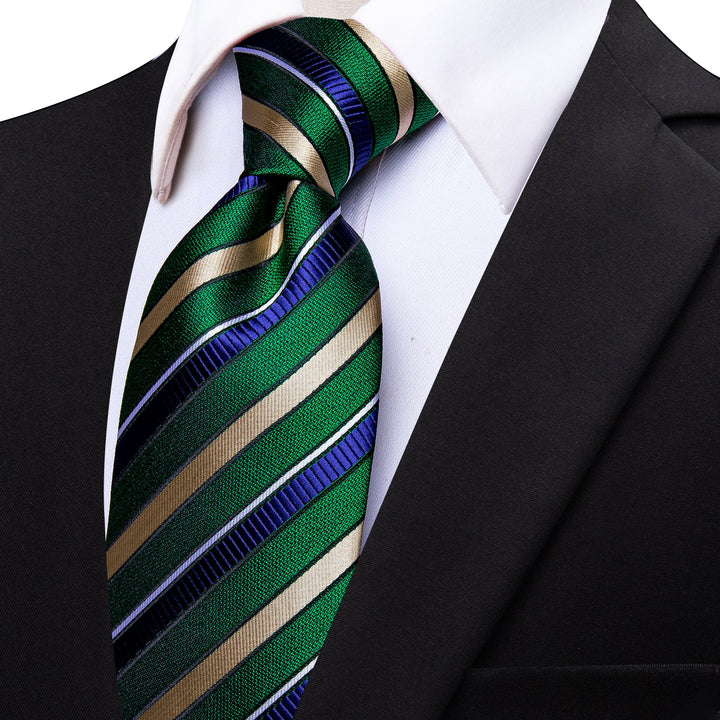  Green Champagne Blue Striped Silk Wedding Necktie for Men