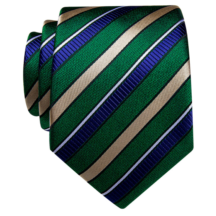 Green Champagne Blue Striped Silk Necktie and Golden Tie Clip