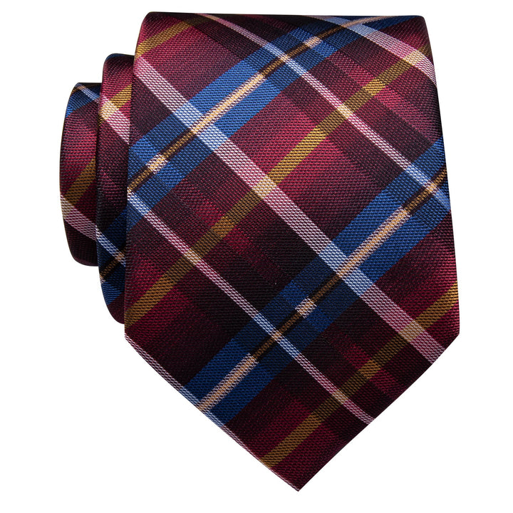 Checkered Necktie Burgundy Blue England Plaid Silk Necktie