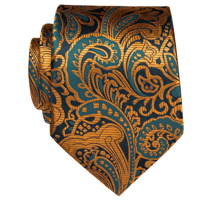 Golden Green Paisley Pre-tied Bow Tie Necktie Golden Clip Set