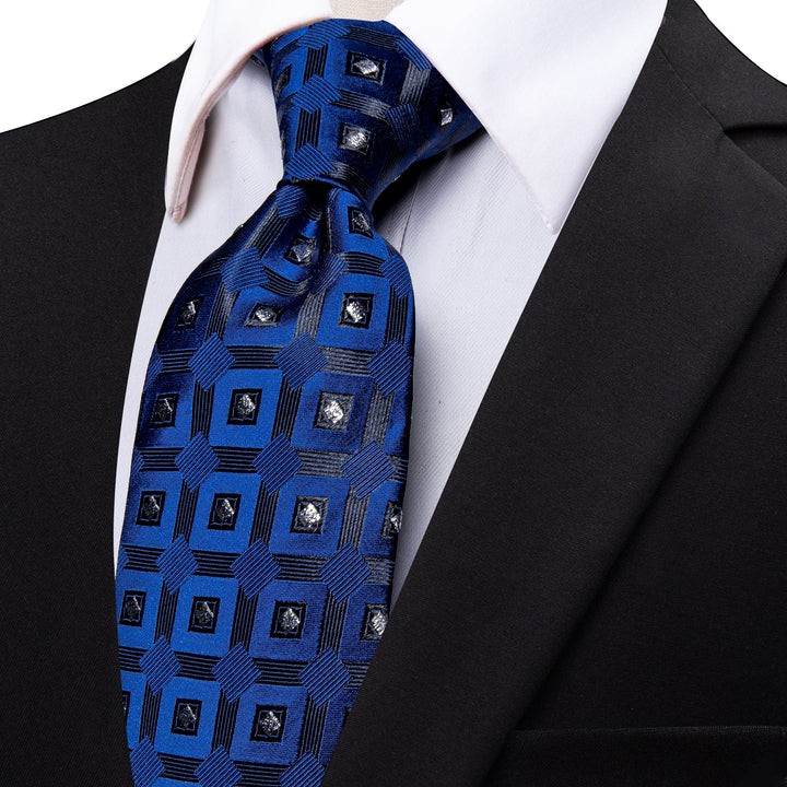 YourTies Blue Tie Fashion Sliver Blue Plaid Silk Necktie Formal