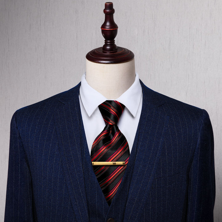  Men's Red Black Striped Silk Necktie with Golden Tie Clip