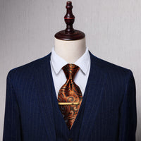 Brown Bronze Gold Paisley Silk Necktie with Golden Tie Clip