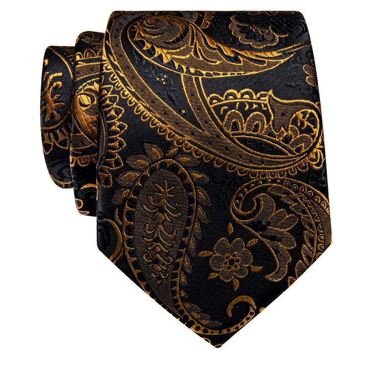 Men's Wedding Ties Black Golden Paisley Silk Necktie for Suit