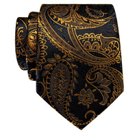  Black Golden Paisley Silk Men's Necktie with Golden Tie Clip