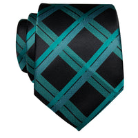  Cyan Green Men's Ties Black Teal Plaid Silk Necktie