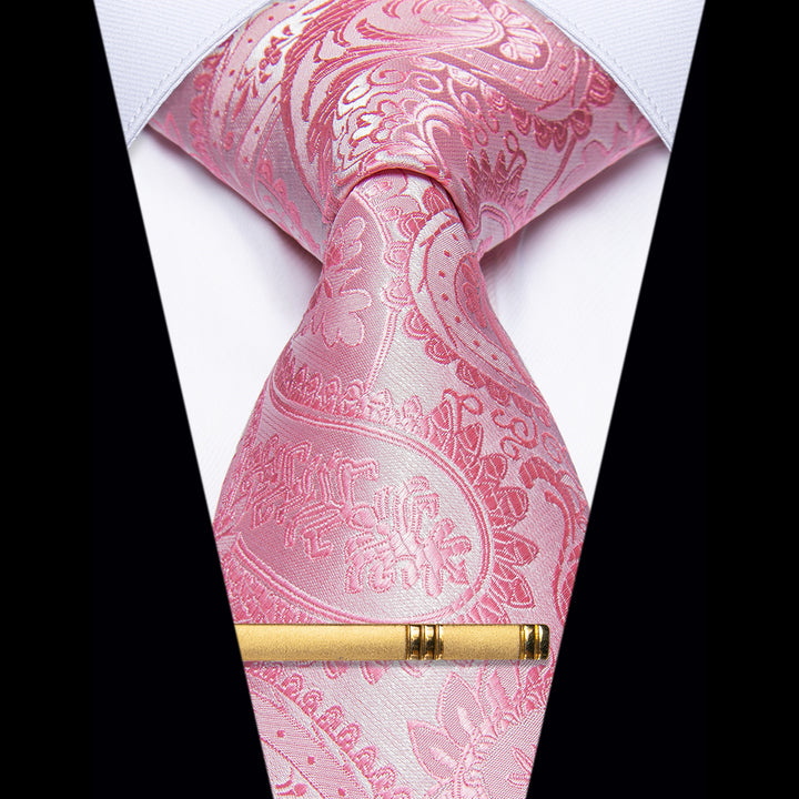  Baby Pink Paisley Silk Wedding Necktie with Golden Tie Clip