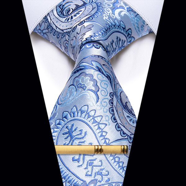 YourTies Sky Blue Paisley Silk Necktie with Golden Tie Clip