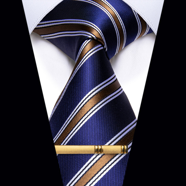 YourTies Blue Golden White Striped Silk Necktie with Golden Tie Clip