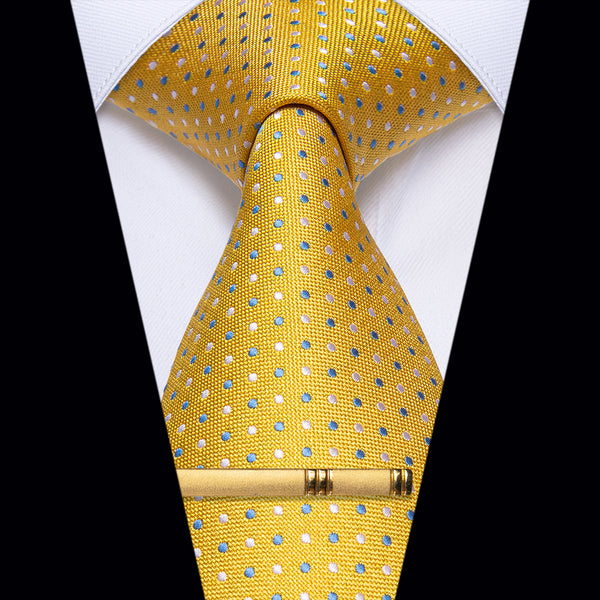 Yellow Tie Blue White Plaid Silk Necktie with Golden Tie Clip