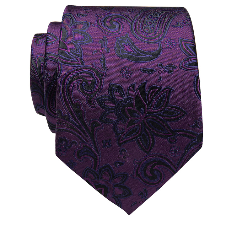 Deep Purple Ties Paisley Silk Single Necktie with Tie Clip