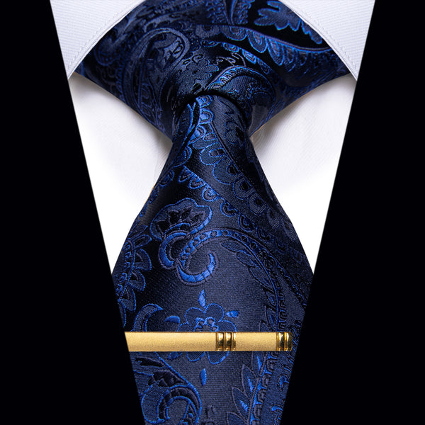 YourTies Navy Blue Paisley Silk Necktie with Golden Tie Clip