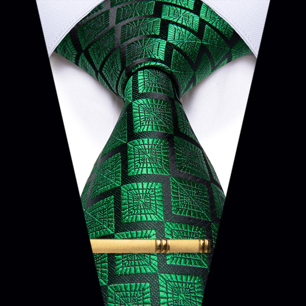 tie sale Black Green Plaid Novelty Silk Necktie with Golden Tie Clip