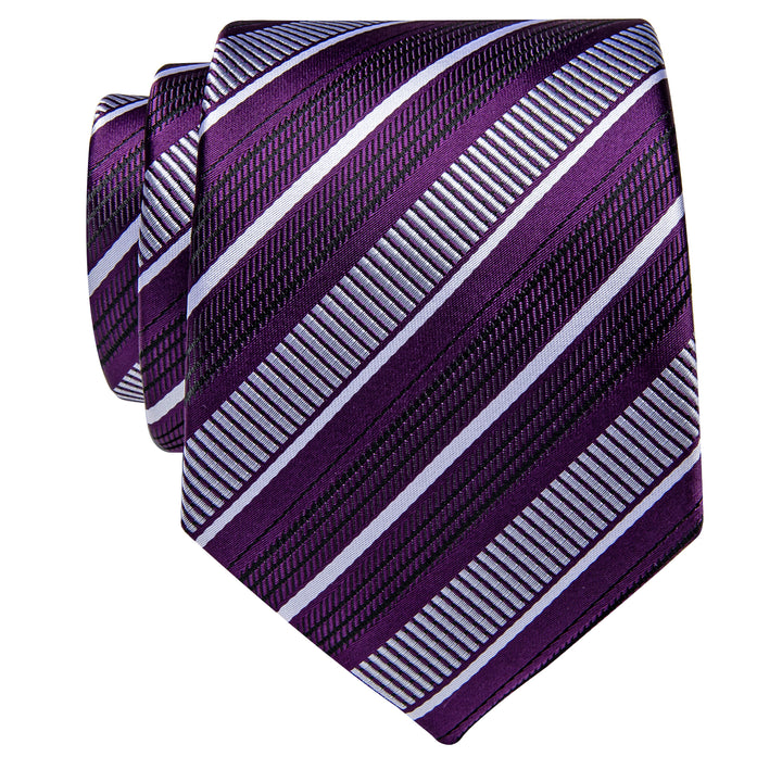  Purple Ties Black White Striped Silk Necktie Golden Tie Clip