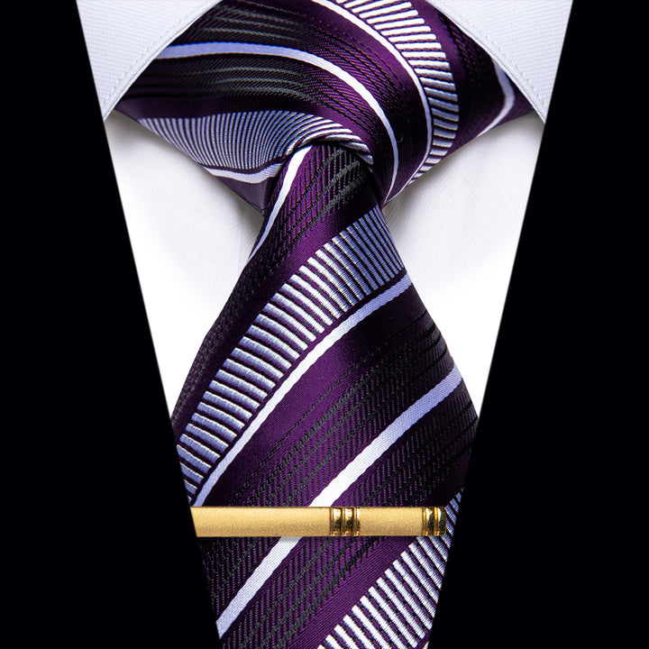  Purple Ties Black White Striped Silk Necktie Golden Tie Clip