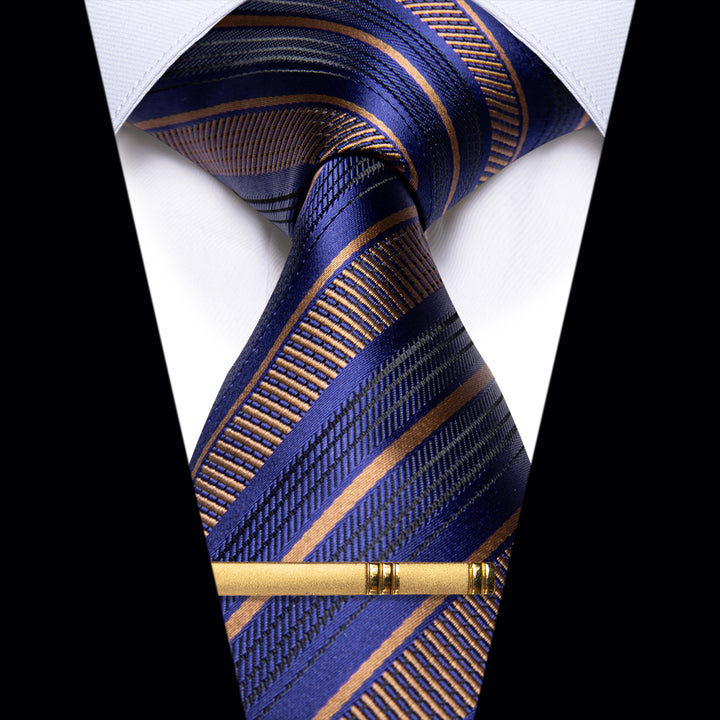 YourTies Navy Blue Golden Striped Silk Necktie with Golden Clip