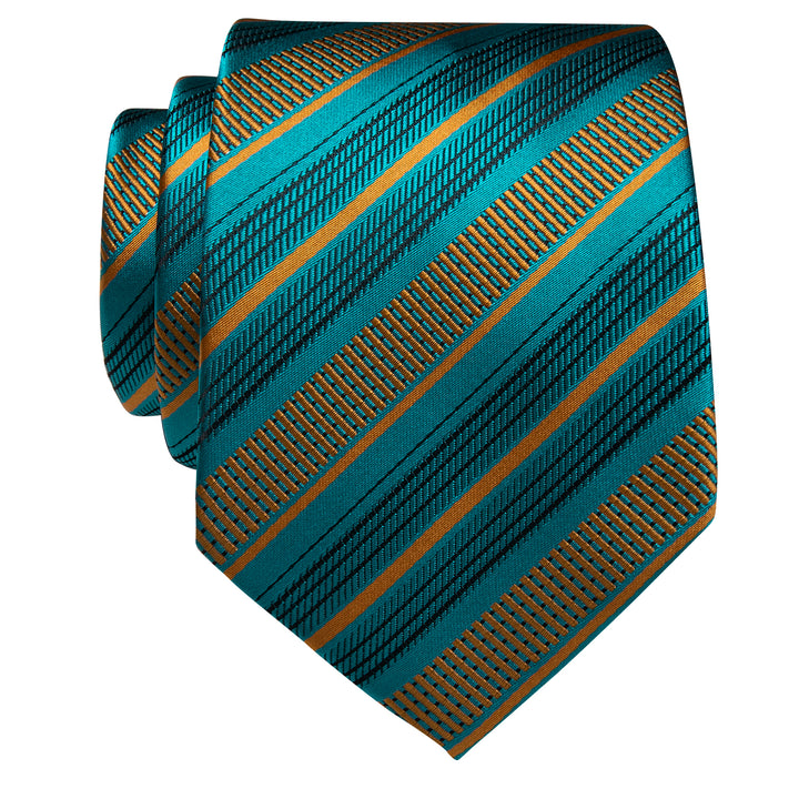 Teal Golden Wedding Tie Striped Silk Necktie for Men