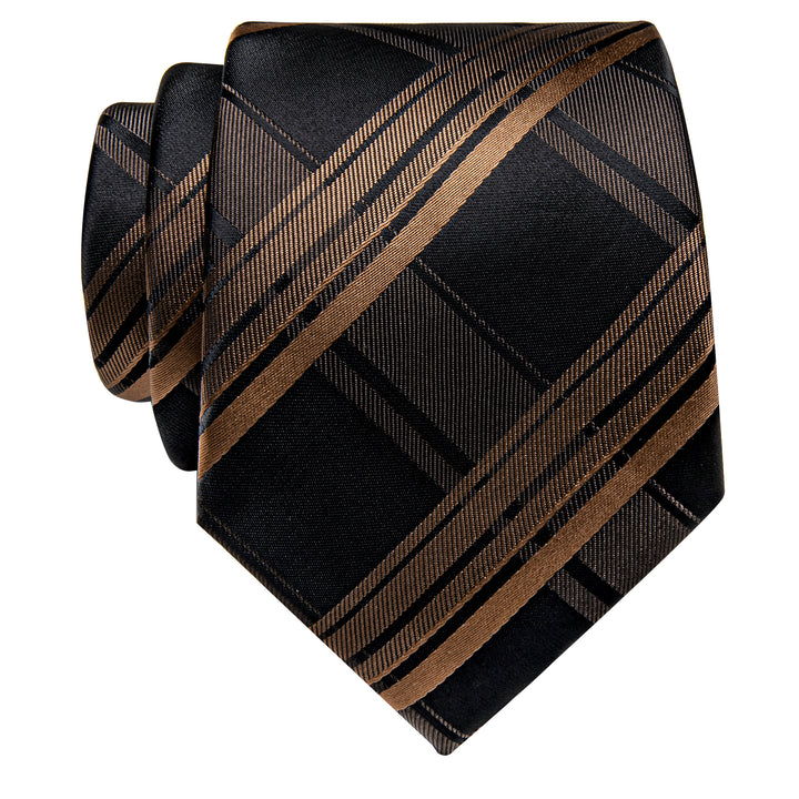  Brown Checkered Men's Black Brown Plaid Silk Necktie