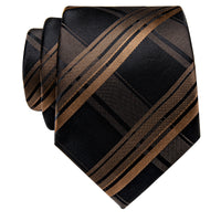  Checkered Tie Black Brown Plaid Necktie with Golden Tie Clip