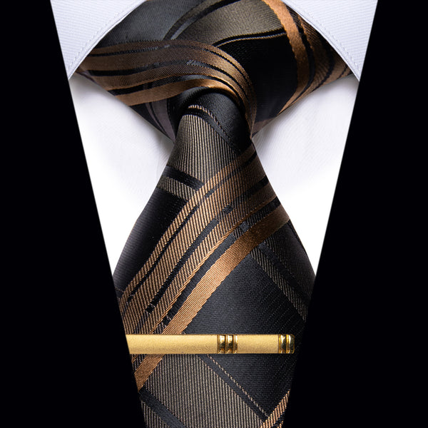  Checkered Tie Black Brown Plaid Necktie with Golden Tie Clip