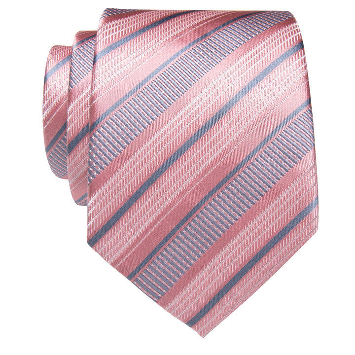 Pink Grey Striped Silk Mens Necktie with Golden Tie Clip