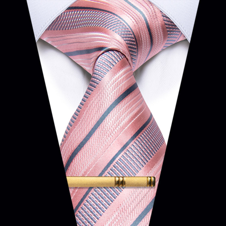 Pink Grey Striped Silk Mens Necktie with Golden Tie Clip