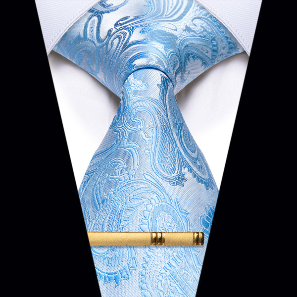 YourTies Sky Blue Silver Paisley Silk Necktie with Golden Tie Clip